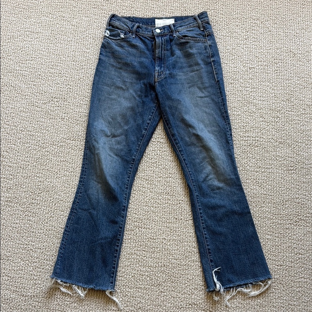 MOTHER Blue Ankle Cropped Jeans with Distressed Hem